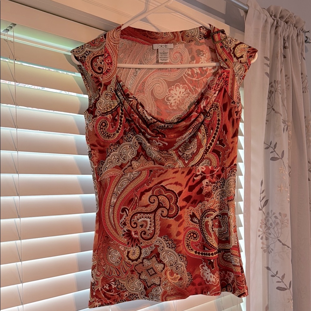 Cache’ Paisley Print Top - Brown and Orange